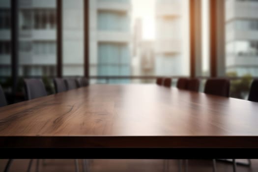 Empty wooden table and chairs in a modern meeting room with city view. Generative AI.