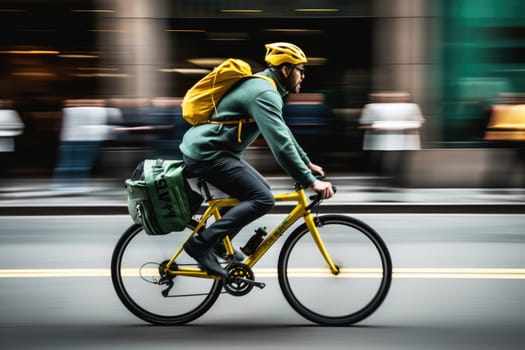 A cyclist riding at high speed down a busy city street. Generative AI..