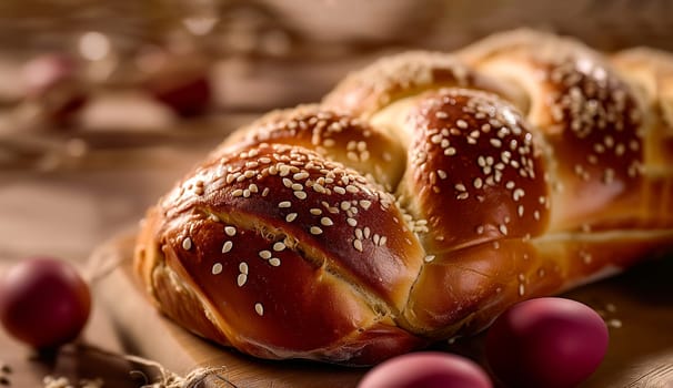 Traditional Greek Easter bread Tsoureki Braid, Choreg or Bsatir on Wooden Table at Kitchen. Food For Celebrating Religious Holiday. Easter time, Springtime. AI Generated. High quality photo