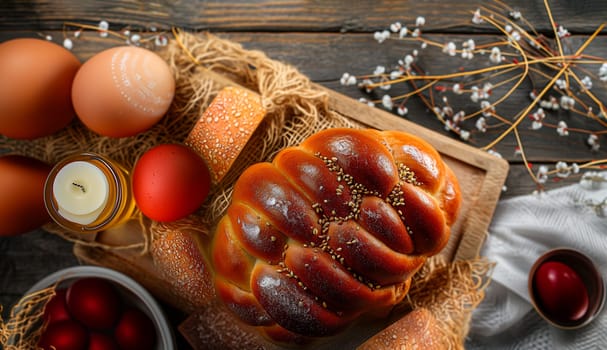 Top View Traditional Greek Easter bread Tsoureki Braid with Sesame Seeds, Choreg or Bsatir, Easter Eggs, Candle and Flowers on Wooden Table at Kitchen. Celebrating Religious Holiday. AI Generated.