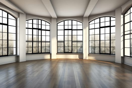 Empty room interior with concrete walls, wooden floor with window . Ai Generative.