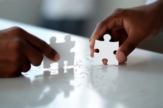 Business people with jigsaw puzzle pieces in the office Successful teamwork. AI generative.