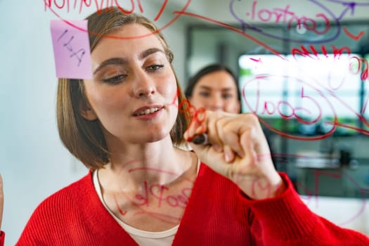 Creative business team brainstorming and sharing marketing idea about start up project by writing down on colorful sticky note at glass board modern meeting room. Working together. Immaculate.