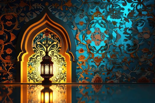 Arabic Ramadan lantern with burning candle background , generative ai.