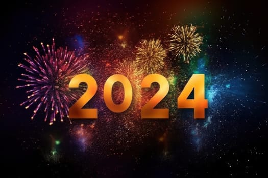 Brightly colored number 2024, happy new year on firework background. AI generative.