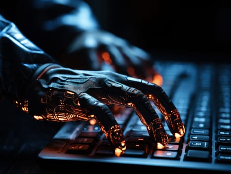 Robot AI hand using laptop, hacking system AI. generative AI.
