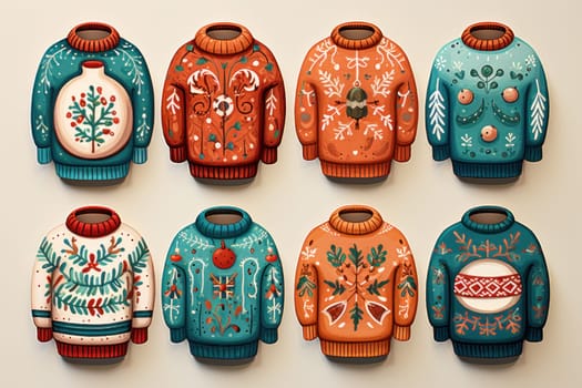 illustration of a pattern of ugly Christmas sweaters for wallpapers. AI generative.