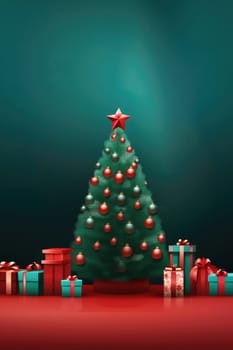 Watercolor christmas tree with gift boxes presents, christmas design. Generative AI.