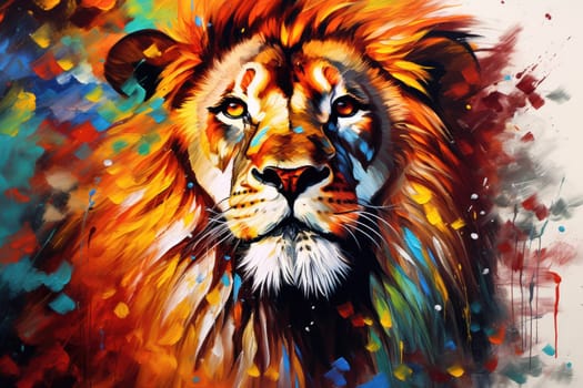 Vibrant and bright and colorful lion animal portrait poster. AI generated.