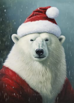 A white polar bear in a red Santa Claus hat. New year or Christmas concept. Generative AI.