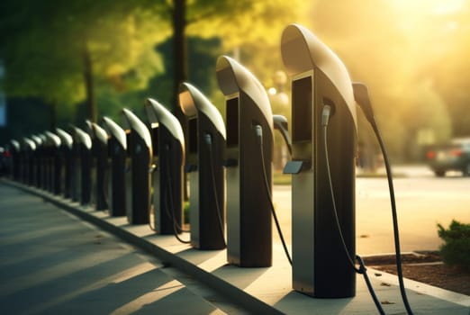 EV Charging Stations for Electric Cars Line the Parking Lot. Generative AI..