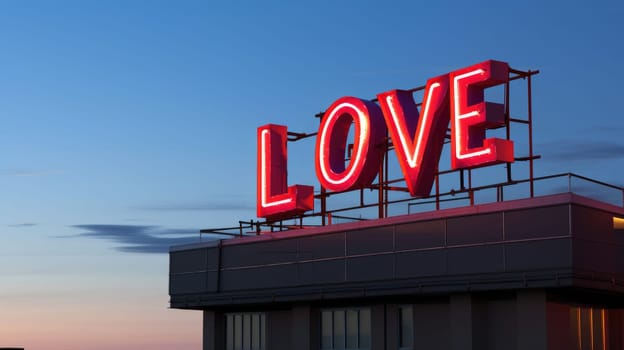 The word neon love on roof, generative ai.