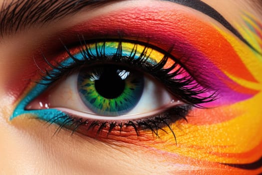 Close-up of a woman's eye in multicolor make up. Generative AI technology..