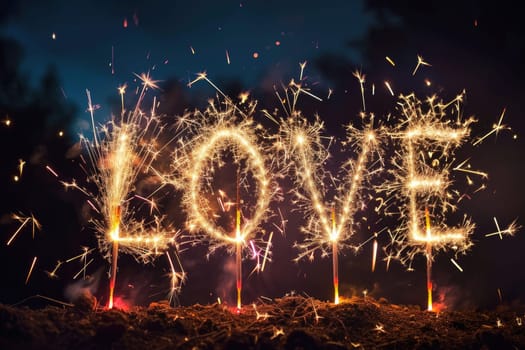 happy valentine day with LOVE popping colorful fireworks in the dark sky .AI generative.