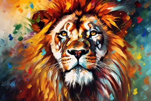 Vibrant and bright and colorful lion animal portrait poster. AI generated.