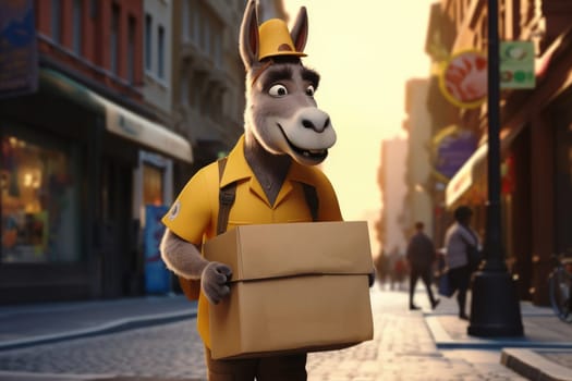 Delivery donkey delivering a parcel box . Generative AI.