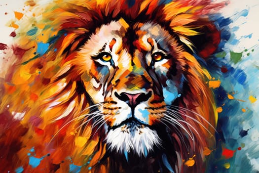 Vibrant and bright and colorful lion animal portrait poster. AI generated.