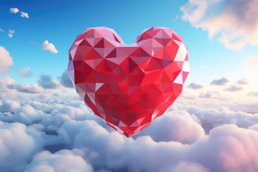 A red heart balloon floats in the blue sky in clouds. .Generative Ai.