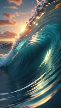 3D illustration of abstract water surface with ripples and waves background.3d render of abstract wavy ocean surface with ripples and waves.Surfing ocean wave at sunset.