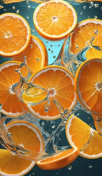 Fresh orange falling into water with splash on background, closeup.Orange in water splash on background. Concept of freshness and healthy eating.Fresh orange slice falling into water with splash on background,