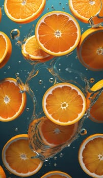 Fresh orange falling into water with splash on background, closeup.Orange in water splash on background. Concept of freshness and healthy eating.Fresh orange slice falling into water with splash on background,