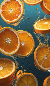 Fresh orange falling into water with splash on background, closeup.Orange in water splash on background. Concept of freshness and healthy eating.Fresh orange slice falling into water with splash on background,