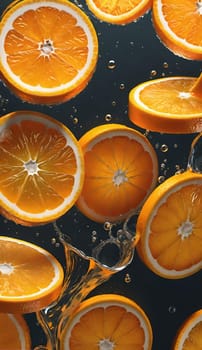 Fresh orange falling into water with splash on background, closeup.Orange in water splash on background. Concept of freshness and healthy eating.Fresh orange slice falling into water with splash on background,