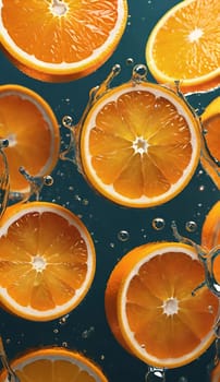 Fresh orange falling into water with splash on background, closeup.Orange in water splash on background. Concept of freshness and healthy eating.Fresh orange slice falling into water with splash on background,