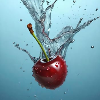 cherry with water splash isolated on background. 3d illustration.cherry splashing into water on background, close-up.Cherry falling into water with splash on background