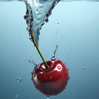 cherry with water splash isolated on background. 3d illustration.cherry splashing into water on background, close-up.Cherry falling into water with splash on background