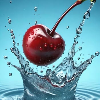 cherry with water splash isolated on background. 3d illustration.cherry splashing into water on background, close-up.Cherry falling into water with splash on background