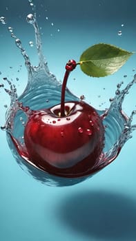 cherry with water splash isolated on background. 3d illustration.cherry splashing into water on background, close-up.Cherry falling into water with splash on background