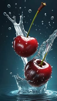 cherry with water splash isolated on background. 3d illustration.cherry splashing into water on background, close-up.Cherry falling into water with splash on background