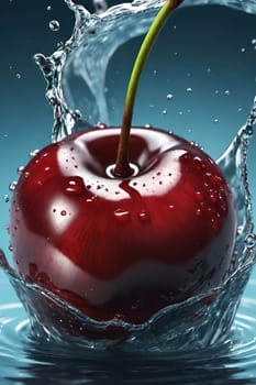 cherry with water splash isolated on background. 3d illustration.cherry splashing into water on background, close-up.Cherry falling into water with splash on background