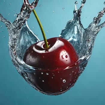 cherry with water splash isolated on background. 3d illustration.cherry splashing into water on background, close-up.Cherry falling into water with splash on background