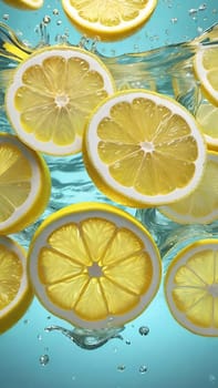 Fresh lemon falling into water with splash on background, closeup.Lemon falling into water with splash, isolated on background.