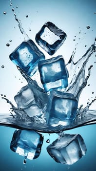 Ice cubes with water splash isolated on black background. Ice cubes falling into water.Ice cubes with water splash on blue background. 3d rendering.