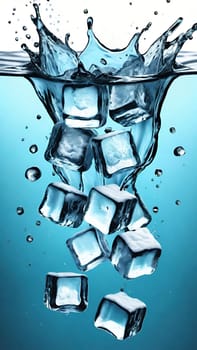 Ice cubes with water splash isolated on black background. Ice cubes falling into water.Ice cubes with water splash on blue background. 3d rendering.