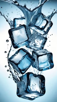 Ice cubes with water splash isolated on black background. Ice cubes falling into water.Ice cubes with water splash on blue background. 3d rendering.