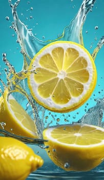 Fresh lemon falling into water with splash on background, closeup.Lemon falling into water with splash, isolated on background.