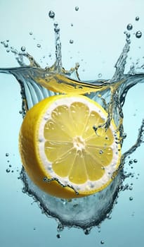 Fresh lemon falling into water with splash on background, closeup.Lemon falling into water with splash, isolated on background.