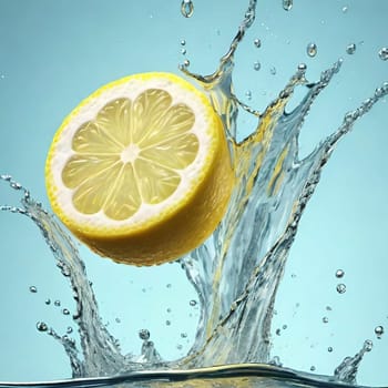 Fresh lemon falling into water with splash on background, closeup.Lemon falling into water with splash, isolated on background.