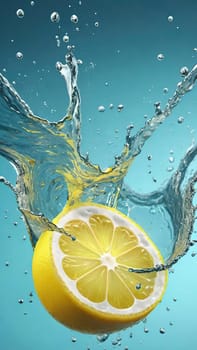 Fresh lemon falling into water with splash on background, closeup.Lemon falling into water with splash, isolated on background.