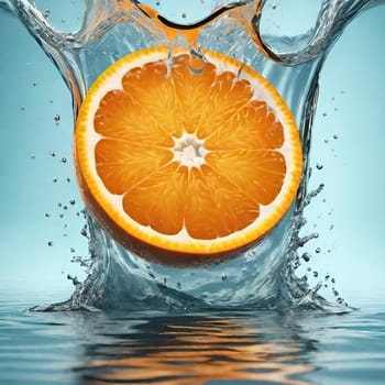 Fresh orange falling into water with splash on background, closeup.Orange in water splash on background. Concept of freshness and healthy eating.Fresh orange slice falling into water with splash on background,