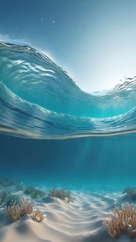 Underwater world. 3d render illustration.Underwater view of the sea with waves and sand.