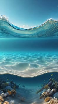 Underwater world. 3d render illustration.Underwater view of the sea with waves and sand.