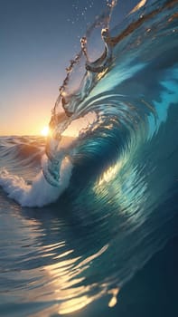 3D illustration of abstract water surface with ripples and waves background.3d render of abstract wavy ocean surface with ripples and waves.Surfing ocean wave at sunset.