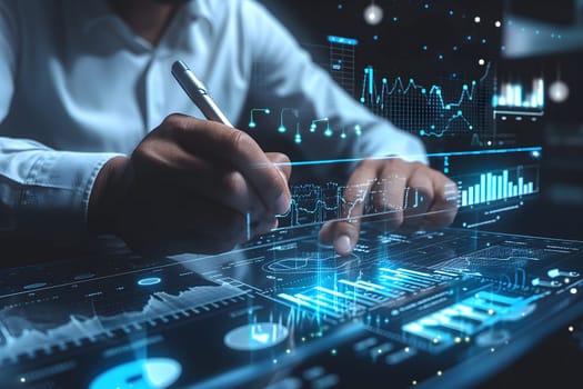 Businessman sketching a growing virtual hologram of statistics, graphs, and charts. Representing the stock market and sales data analysis. Neural network generated image. Not based on any actual person or scene.