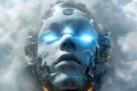 android face on cloudy sky background, AI god concept