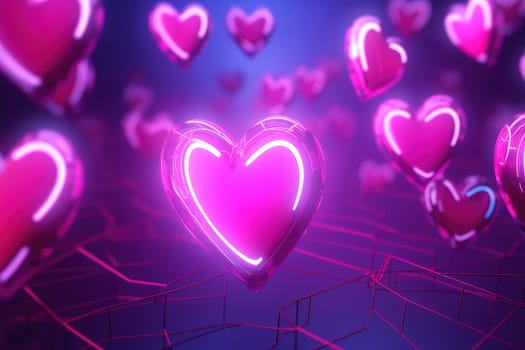 a pink neon light with hearts of heart, romantic frame background Generative AI.